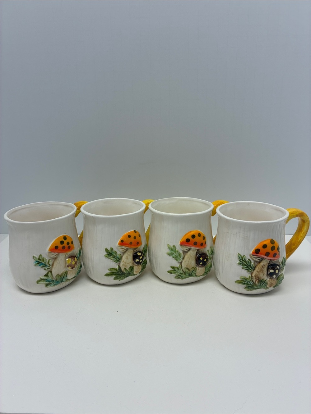 Vintage Merry Mushroom Ceramic Mug Set Yellow Handle Hand Painted Set of 4 - Picture 10 of 10